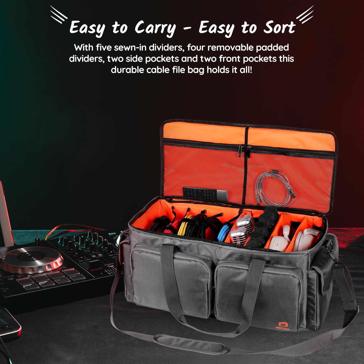 ASEG Gear Heavy Duty - DJ Cable Bag Organizer with Detachable Dividers – Travel Gig Bag – Case for Equipment - Music Equipment & Accessories - Heavy Duty Exterior & Padded Nylon Interior