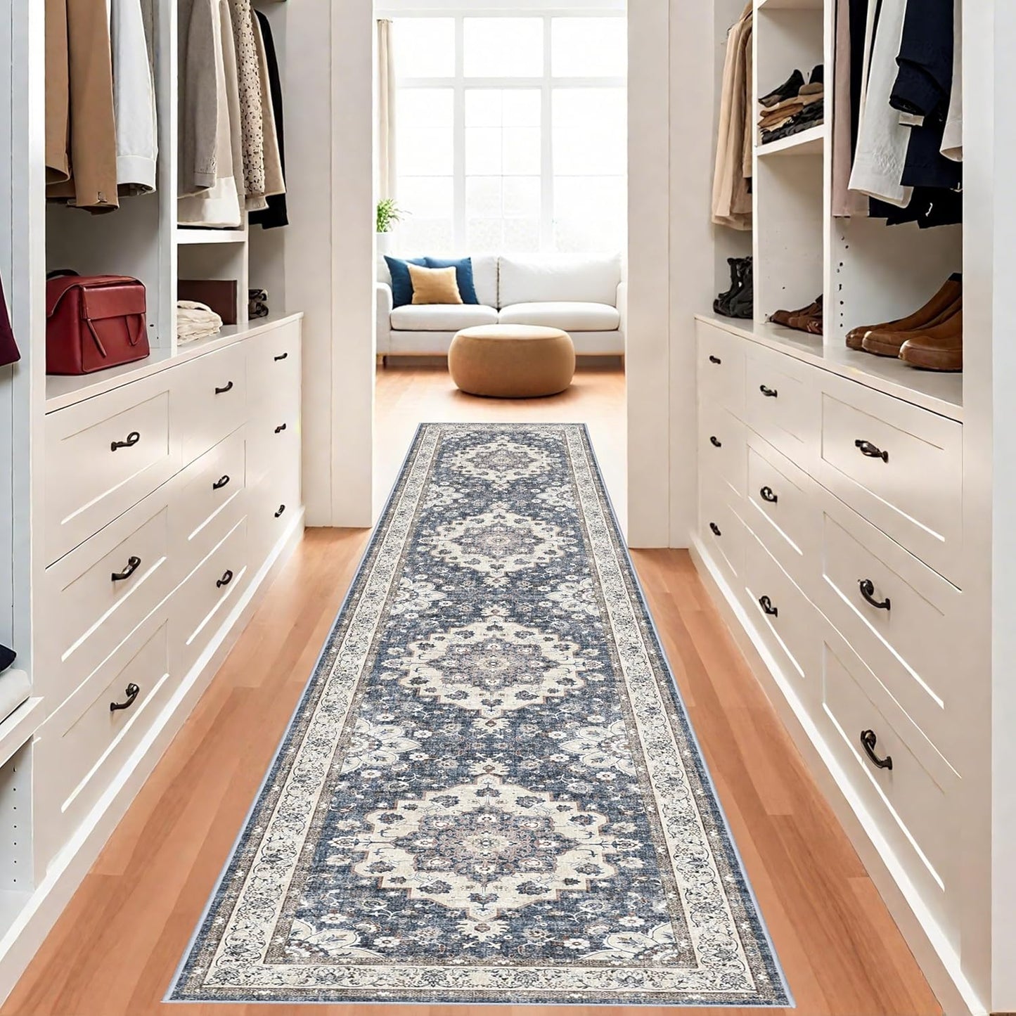 Regine Switzerland Washable 3x12 Hallway Runner Rug - Non-Slip Floral Design, Stain Resistant, Blue