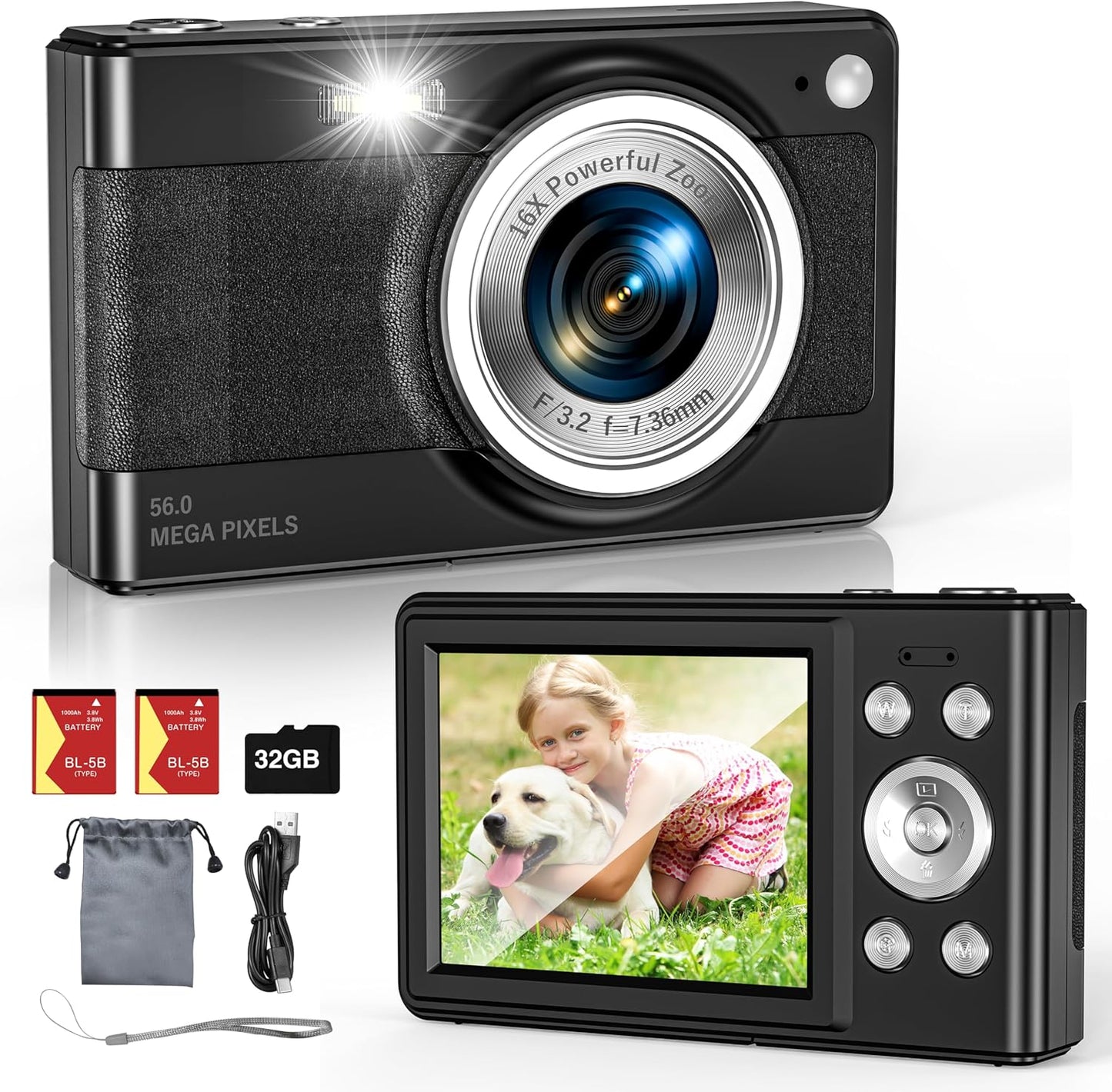 Fleafer 56MP 1080P 16x 32GB Upgrade Digital Camera, FHD for Kids with Zoom Anti Shake, TF Card, Two Batteries, Lanyard