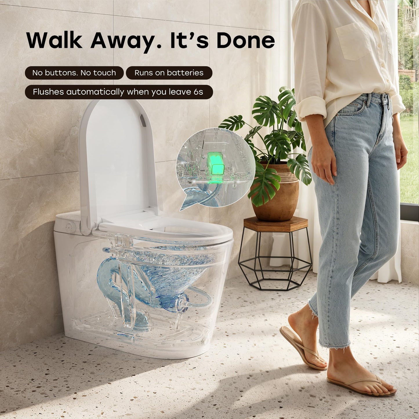HOROW N30 Non-Electric Bidet Toilet with Auto Flush, No Outlet or Rewiring Needed, Battery Powered, Tankless One-Piece Elongated Toilet with Dual Nozzle Wash, ADA Chair Height, 1.22 GPF, 12" Rough-In