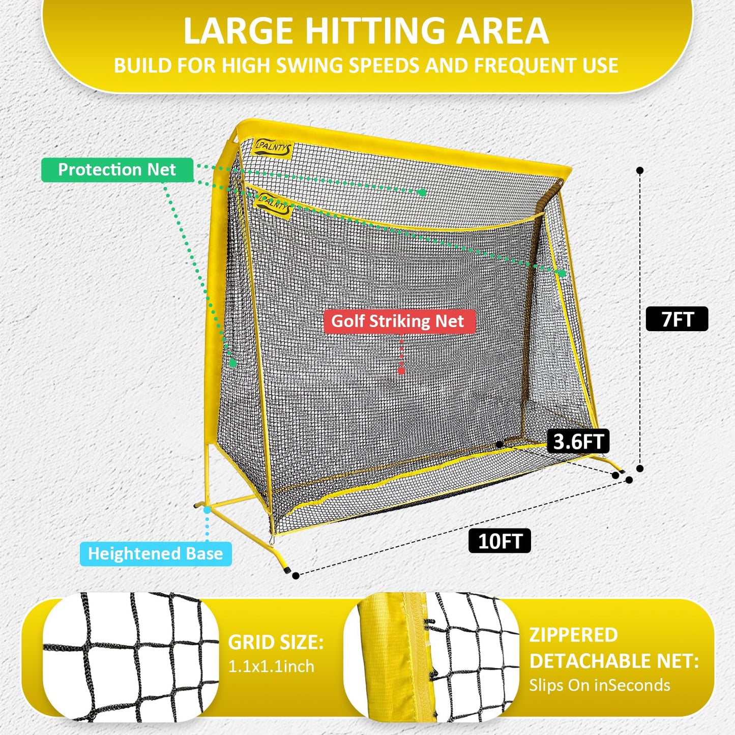 Golf Hitting Net with Extra Striking Net, 10x7ft Heavy Duty Golf Practice Net for Golfer Backyard Driving Swing, Golf Impact Net Cage Metal Frame with Storage Bag and Elevated Base, Indoor Outdoor Use