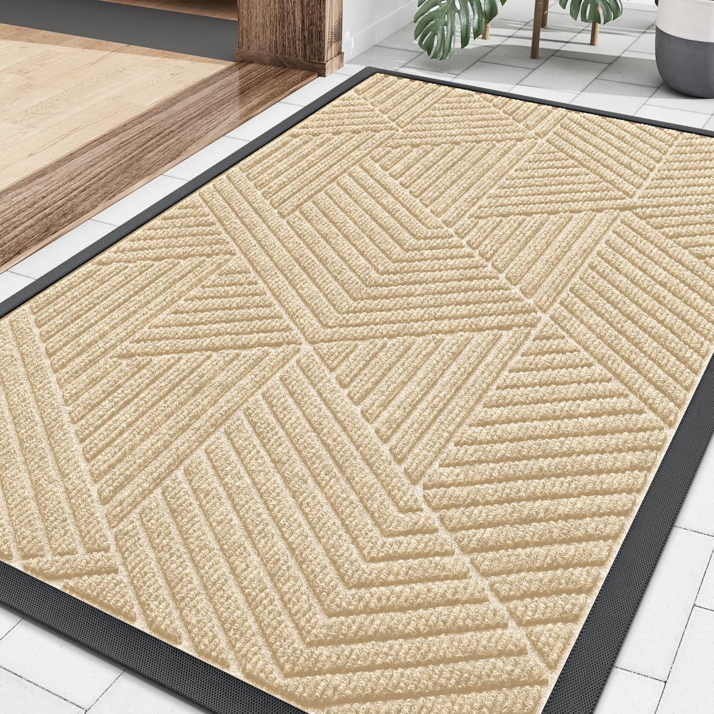 Smiry Heavy-Duty Natural Rubber Front Door Mat - Traps Dirt & Moisture | Irregular Triangle (29.5x17, Beige)