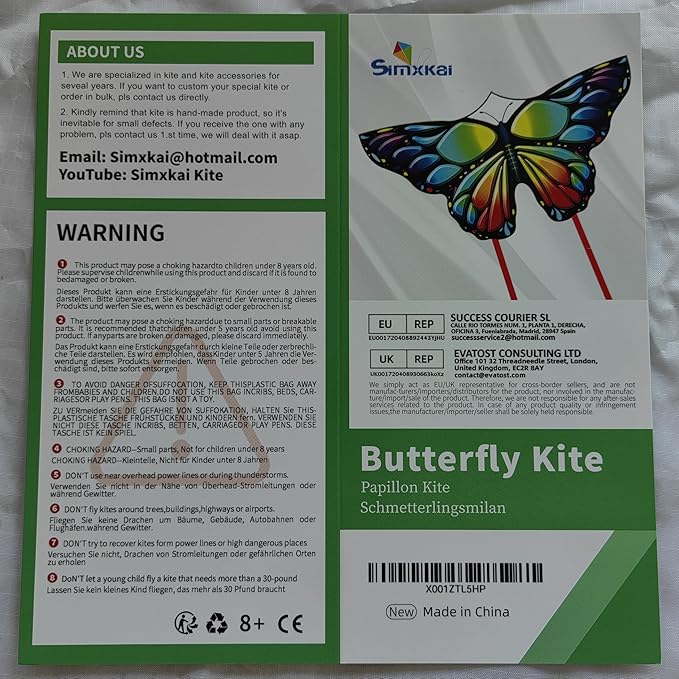 Simxkai Butterfly Kite for Kids & Adults, Easy to Fly Blue Big Kite for Beginners, Line Handle Included (1Pack 2Pack)