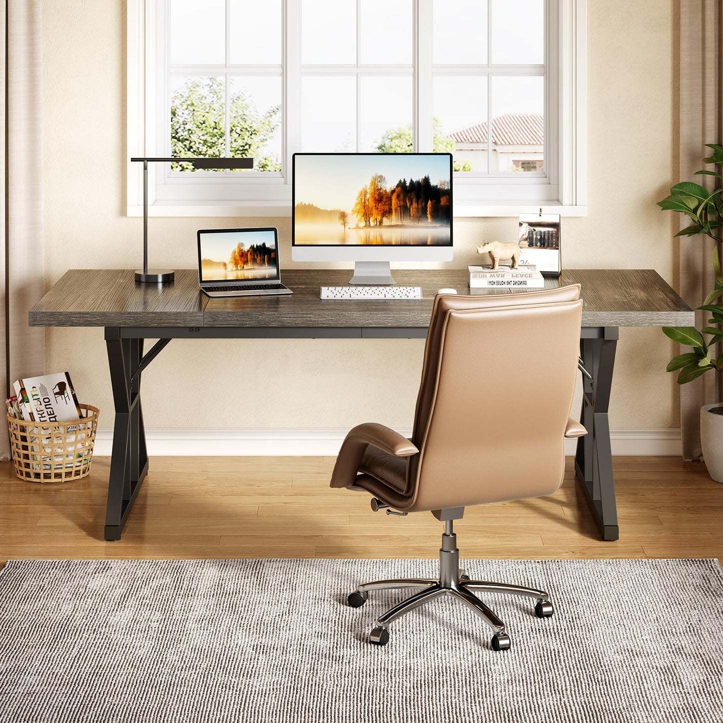 LITTLE TREE 70.8-Inch Large Executive Desk, Extra Long Computer Office Desk Workstation, Modern Simple Style Laptop Table, Sturdy Wooden Writing Workstation for Home Black Oak