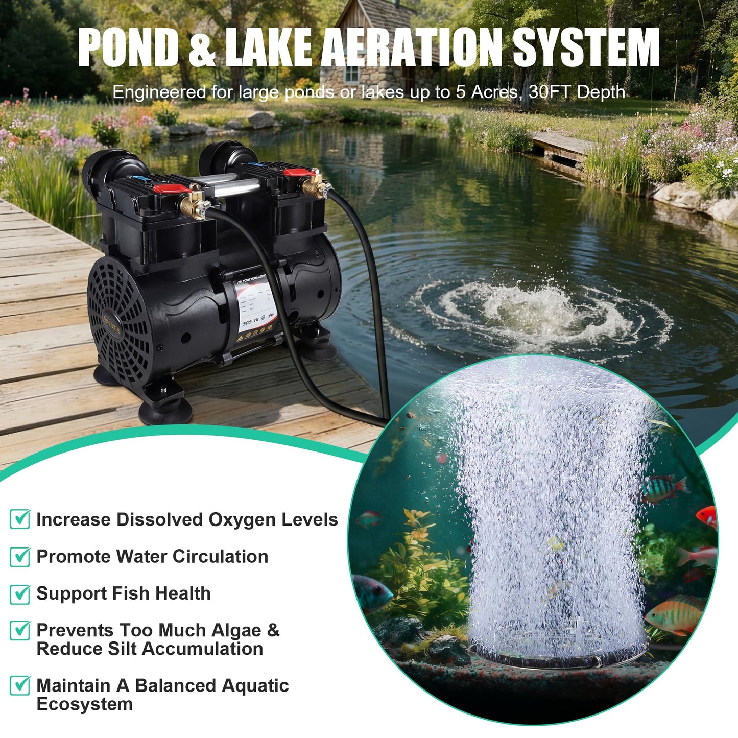 Goldlife A2 Pond Aerator, 7CFM Pond Aeration System for Up to 5 Acre Lake,110V/120V 1HP 750W Compressor & 2 Self-sinking Hoses 100FT & 2 Diffusers & Timer & 16FT Tube, Air Pump for Water Circulation