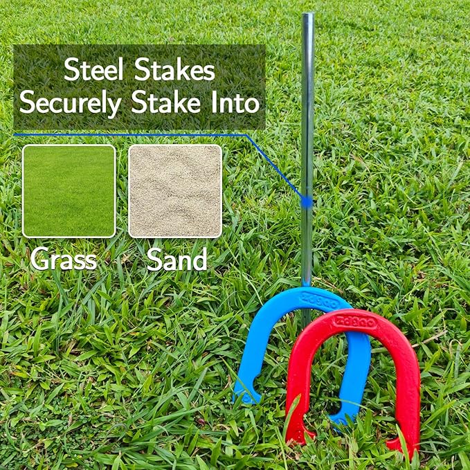 Horseshoes Outside Game Set-Portable Outdoor Horseshoe Set Includes 4 Professional Solid Steel Horseshoes with Solid Steel Stakes & Carrying Bag, Perfect for Backyard and Beach