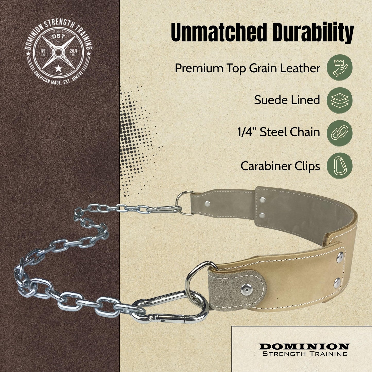 Dominion Strength Training Gray Suede Heavy-Duty Leather Dip Belt with Steel Chain - Ultimate Accessory for Weighted Pullups, Dips, and Progressive Overload (Gray Suede)