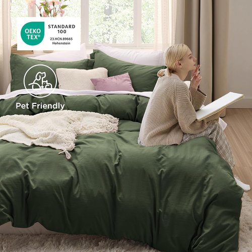 Bedsure Olive Green Duvet Cover Set - King Size 3-Piece Extra Soft Cotton-Like Polyester Bedding, 104x90 Inches with Zipper Closure & 2 Pillow Shams