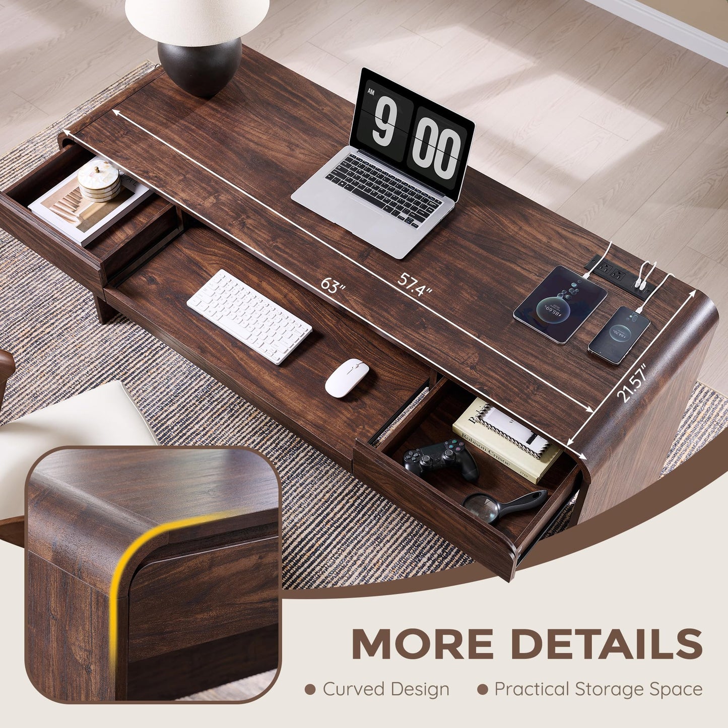 ALLTUFO 63" Modern Computer Desk with 2 Drawers, Wood Curved Executive Desk with Keyboard Tray & Power Outlet, Writing Desks with Storage for Home Office, Study Room, Living Room (Brown)