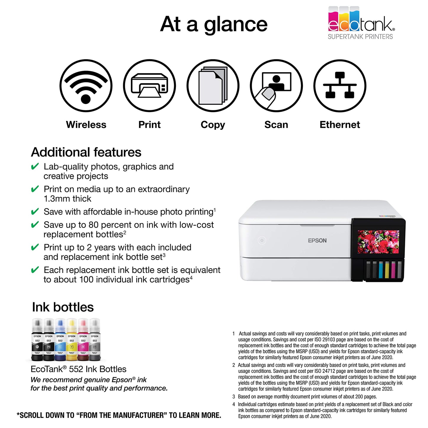 Epson EcoTank Photo ET-8500 Wireless Color All-in-One Supertank Printer with Scanner Copier, Ethernet and 4.3-inch Colorfull Touchscreen - White