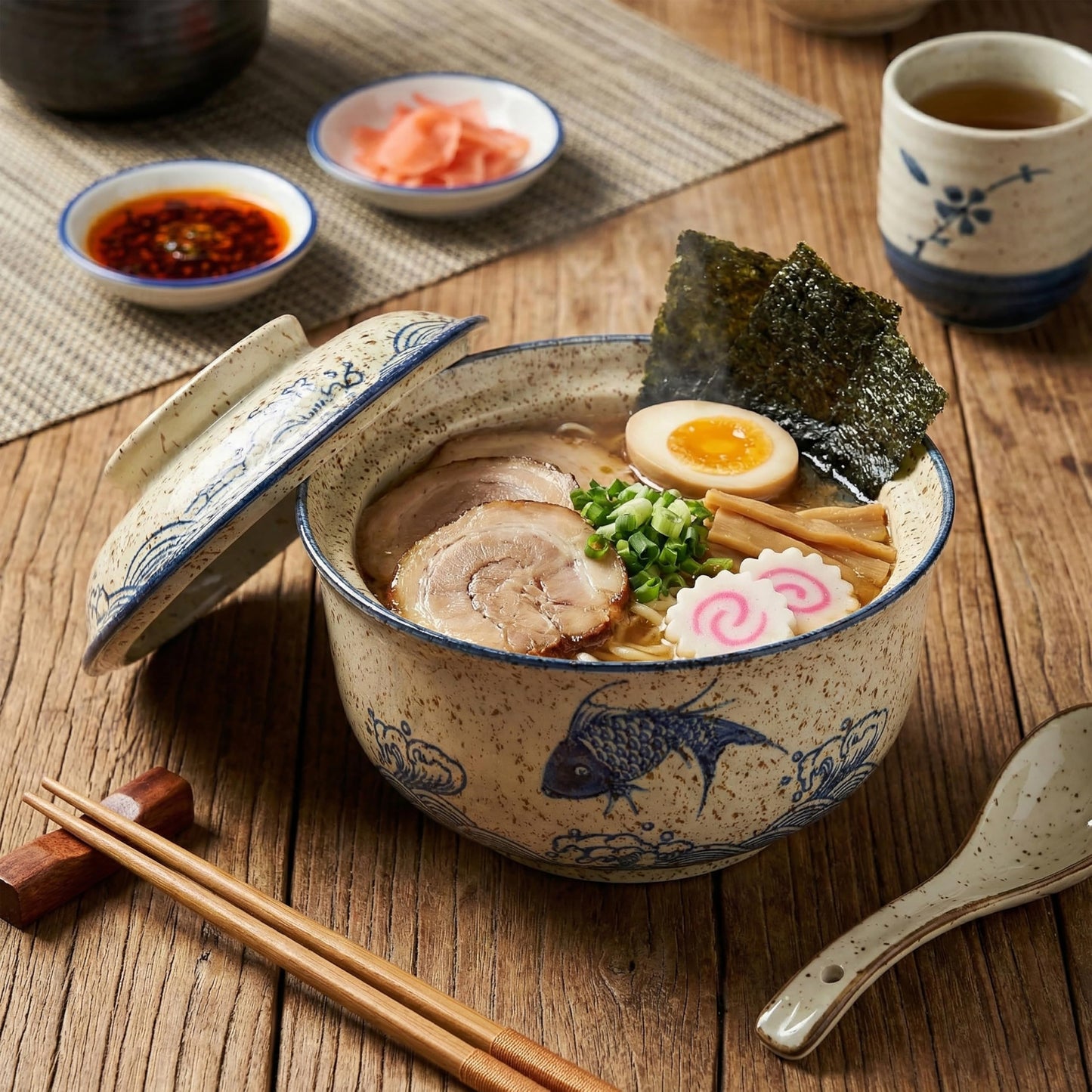 Ramen Bowl, DV 25 OZ Microwavable Japanese Korean Ramen Soup Bowl with Lid, Blue Fish and Wave Design