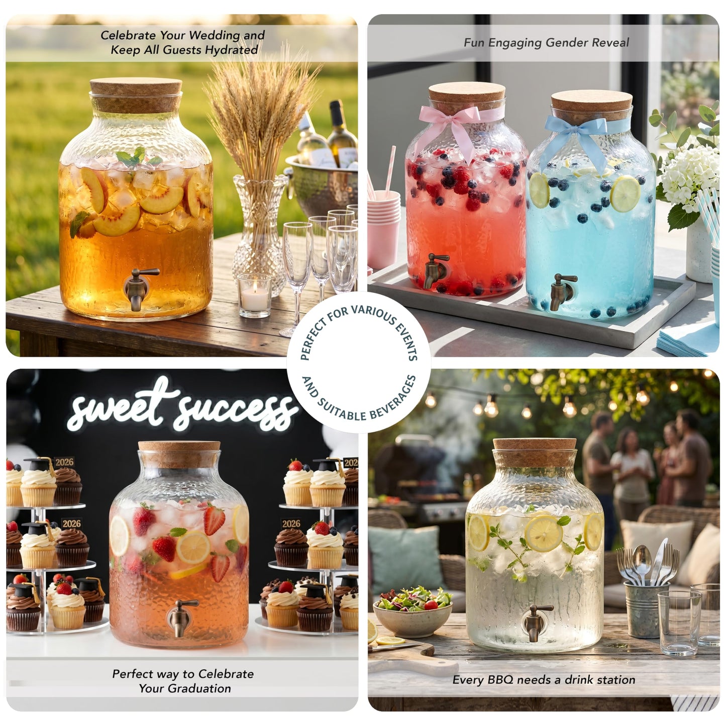 Style Setter Beverage Dispenser Cold Drink Dispenser w/ 2.7 Gallon Capacity Glass Jug, Cork Lid & Leak-Proof Acrylic Spigot, Great for Parties, Weddings & More