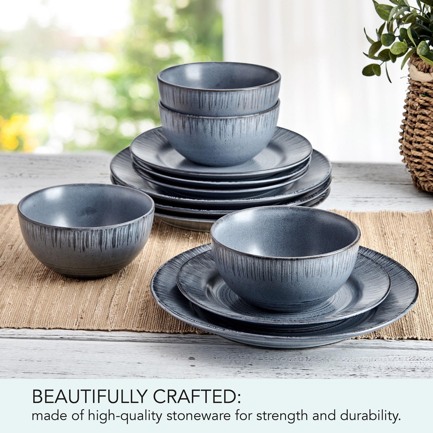 Pfaltzgraff Mystic 12 Piece Plates Bowls Dinnerware Set, Service for 4, Blue
