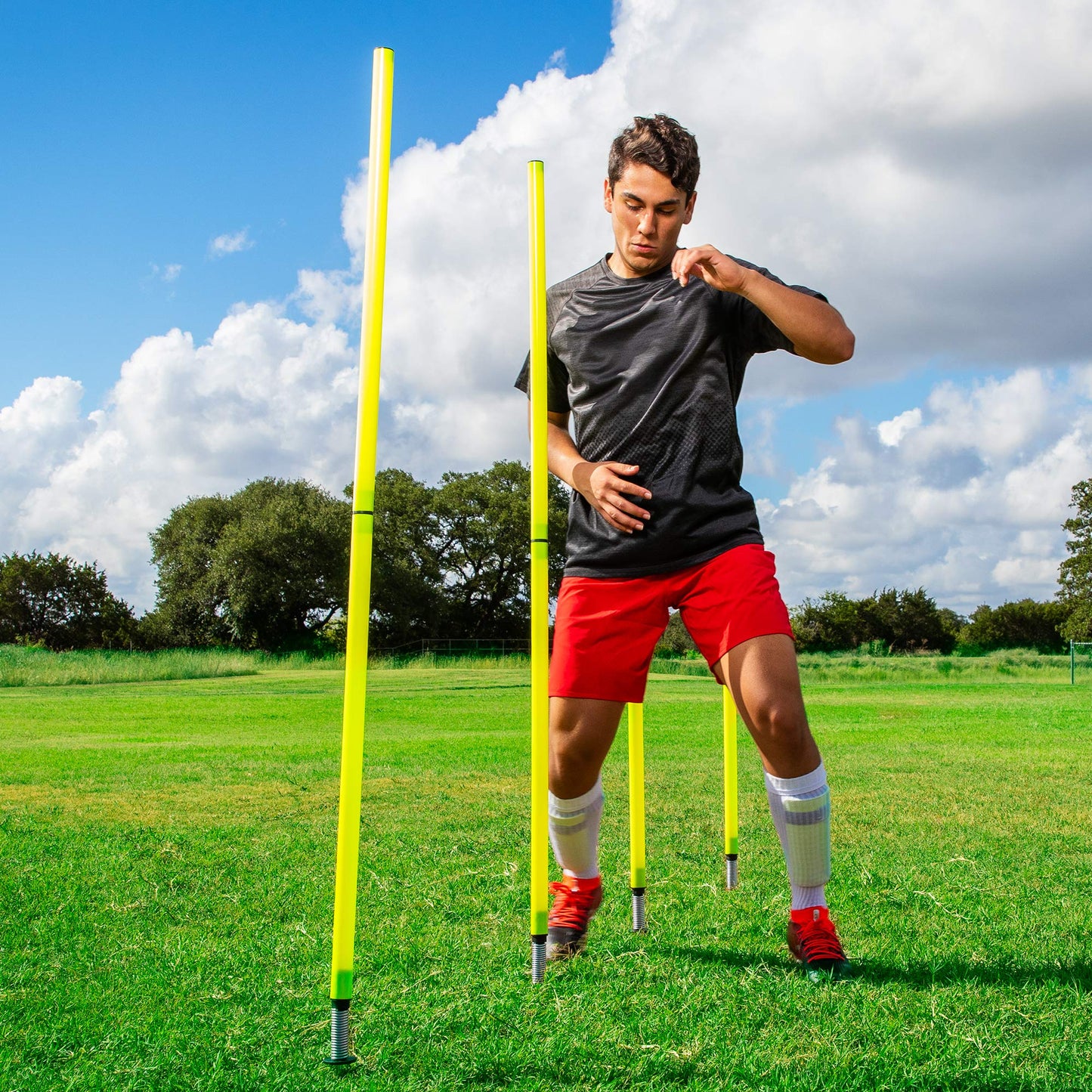 Champion Sports Outdoor Sports Agility Pole Set, 4 Rubber Bases with 12 PVC Poles, 66 Inches, Yellow