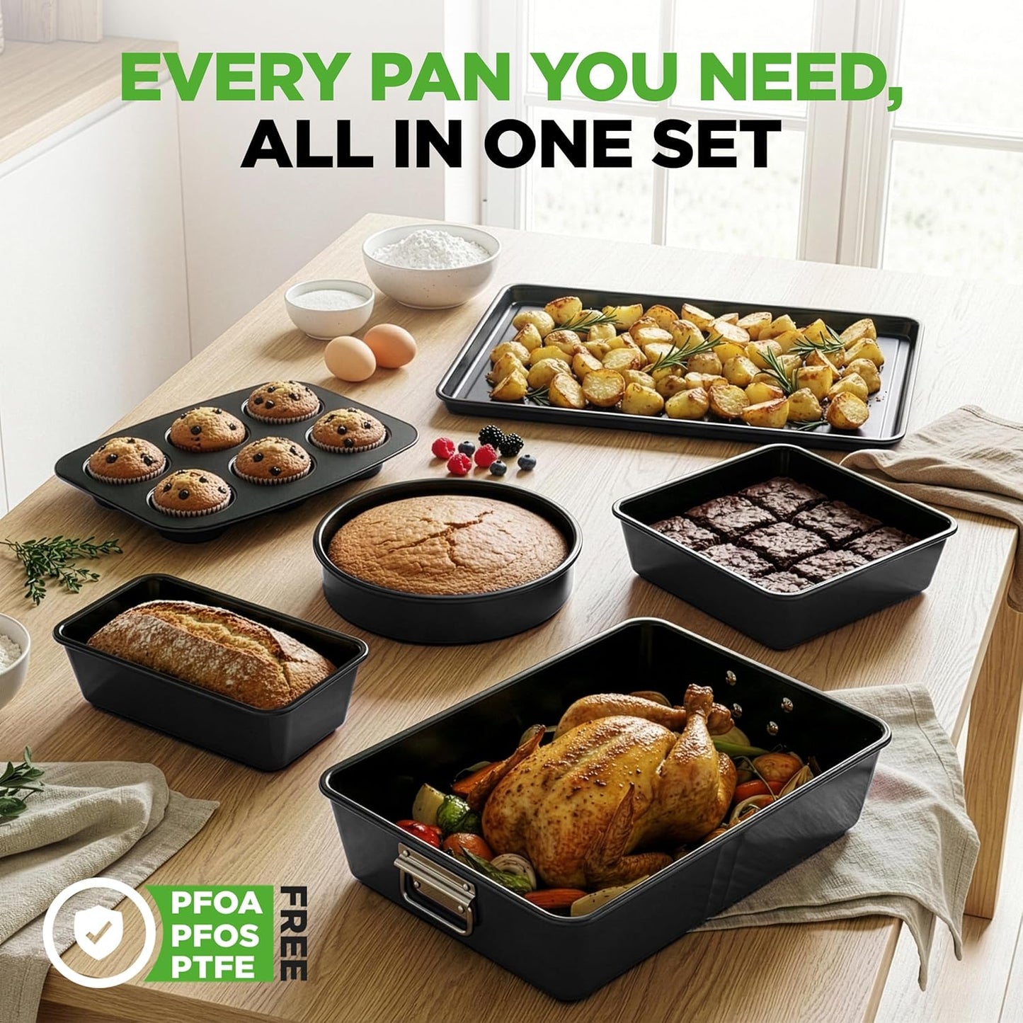NutriChef 8-Piece Nonstick Bakeware Set - Premium Steel Baking Pans for Cakes, Muffins, Brownies & More | Black