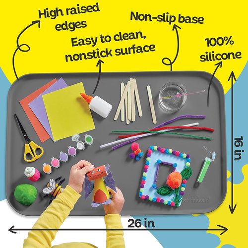 Just Messin’ Silicone Art Mat - Reusable Non-Slip, Heat-Resistant Design | 16"x26", Gray, Perfect for Kids' Crafts