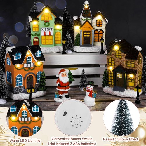 Aneco 19-Piece Christmas Village Set | Resin Houses, Santa & Snowman Figurines, LED Lights, Pine Trees for Winter Decor