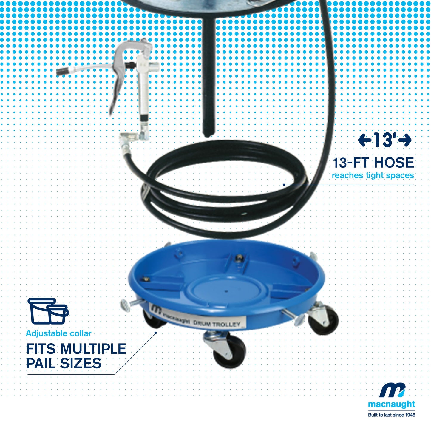 Macnaught Legendary P6TR 50:1 Air-Operated Greasing Pump for 120 lb. Drum. Includes Booster Gun, Hose and Trolley, Low Air Consumption (3CFM)