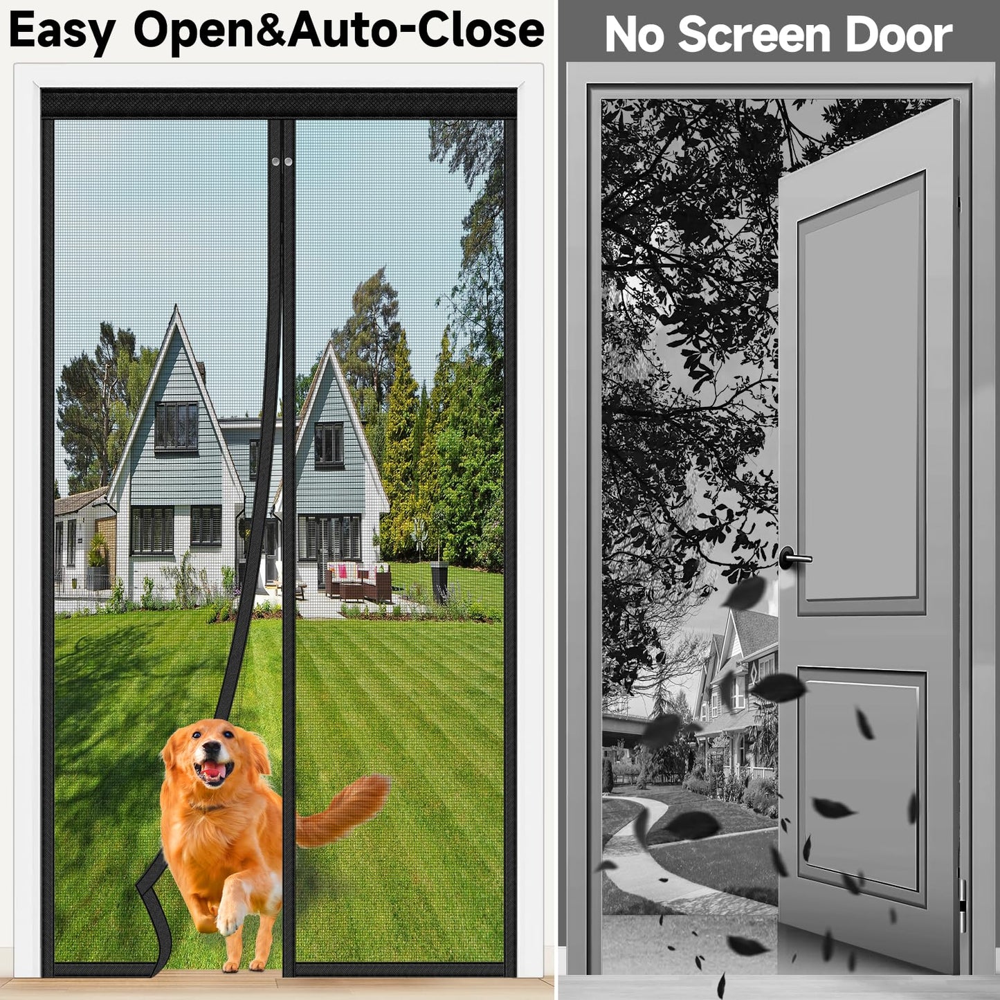 HOFUDON Upgraded Magnetic Screen Door Mesh, Full Strip Magnets, Heavy Duty Fiberglass Mesh, Door Screen Magnetic Closure for Single Door Size 32 x 80 Inch, Screen Door Size 35 x 82 Inch Black
