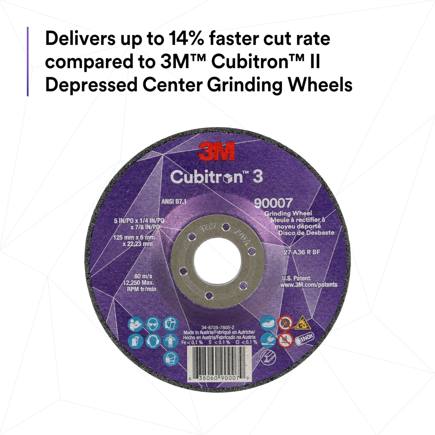 3M Cubitron 3 Depressed Center Grinding Wheel, 90010, 36+, T27, 9 in x 1/4 in x 7/8 in, Pack of 10, ANSI, Precision Shaped Grain, Beveling, Weld Grinding, Heavy Deburring, Slag Removal