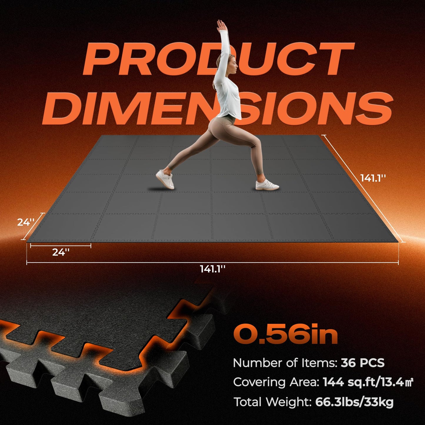 SUPERJARE 0.56'' Thick 36 Pcs 144 Sq Ft Rubber Top Exercise Equipment Mats, High Density EVA Foam Mats with Rubber Top, Interlocking Gym Flooring for Home Gym, Protective Workout Mat, Black
