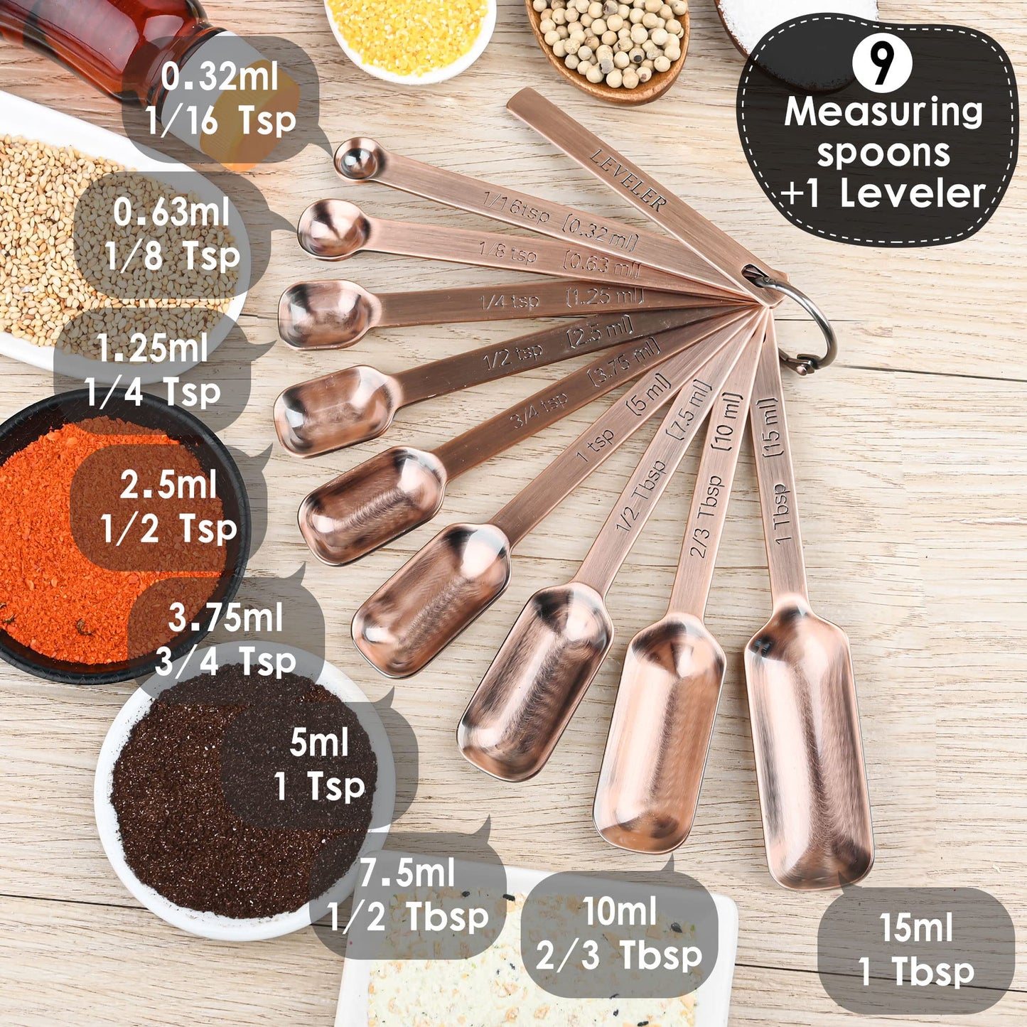 zoyizi Copper Measuring Spoons Set 10, Stainless Steel Measuring Spoons for Kitchen & Baking, Long Handle Metric & US Metal Measure Spoon with 1/16tsp, 3/3tsp, 2/3tbsp for Spice Jar
