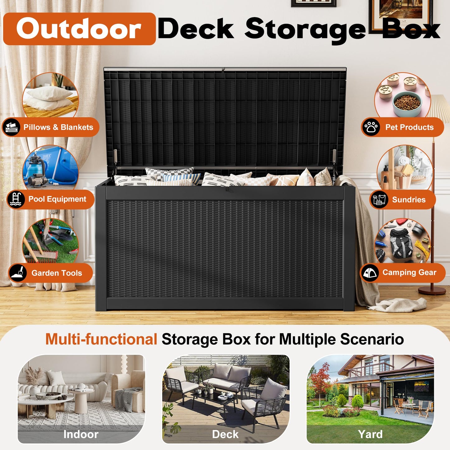 NBYSGO Outdoor Storage Deck Boxes Waterproof, Waterproof and UV Resistant Outdoor Storage Box Lockable Lid for Delivery Box, Indoor, Garden Tools, Pool Supplies, Patio (Black, 300 Gallon)