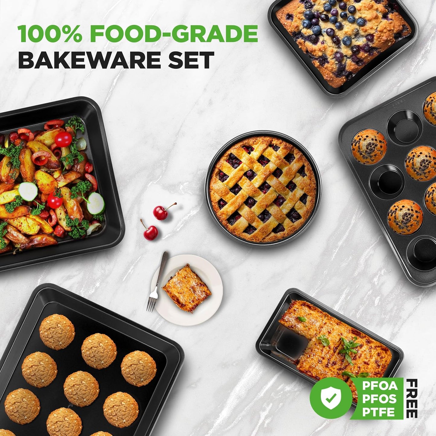 NutriChef Non-Stick Baking Pan Set - Stackable Carbon Steel Bakeware with Cookie Sheet, Muffin & Loaf Pan, Easy Release & Dishwasher Safe