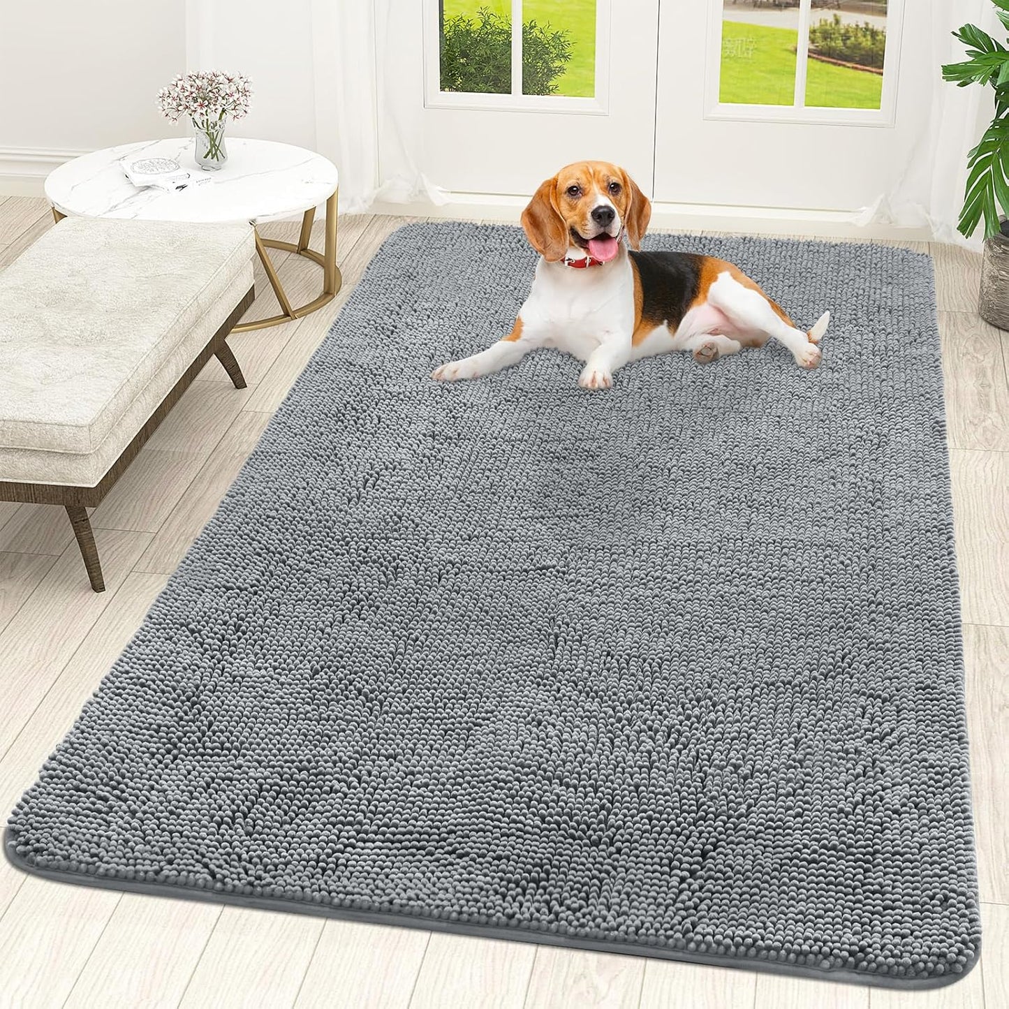 OLANLY Dog Door Mat - Absorbent Non-Slip Chenille Mat for Muddy Paws | 59x35 Inches, Grey