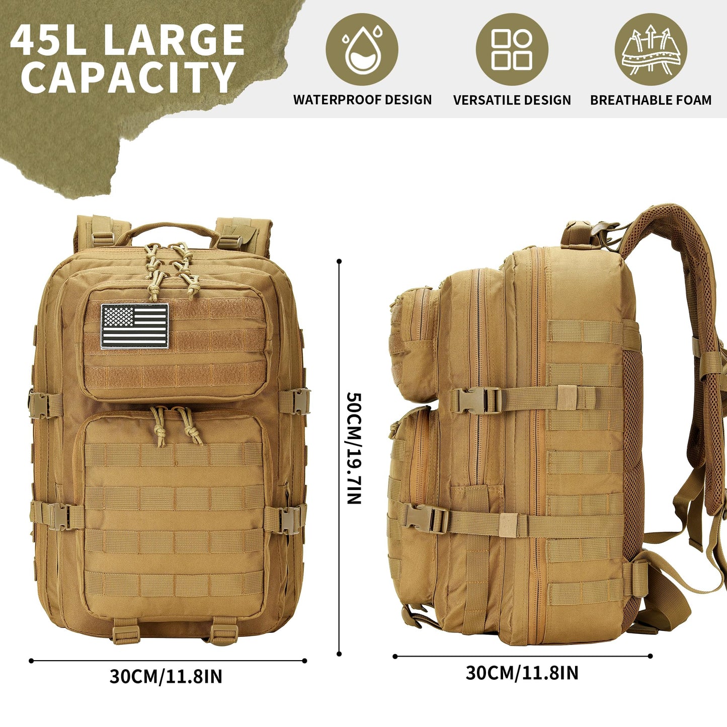 HongXingHai 45L Military Tactical Backpacks 3 Days Assault Pack Bag Fitness Rucksack 3 Day Bug Out Bag Hiking Treeking Molle Daypack (Khaki)