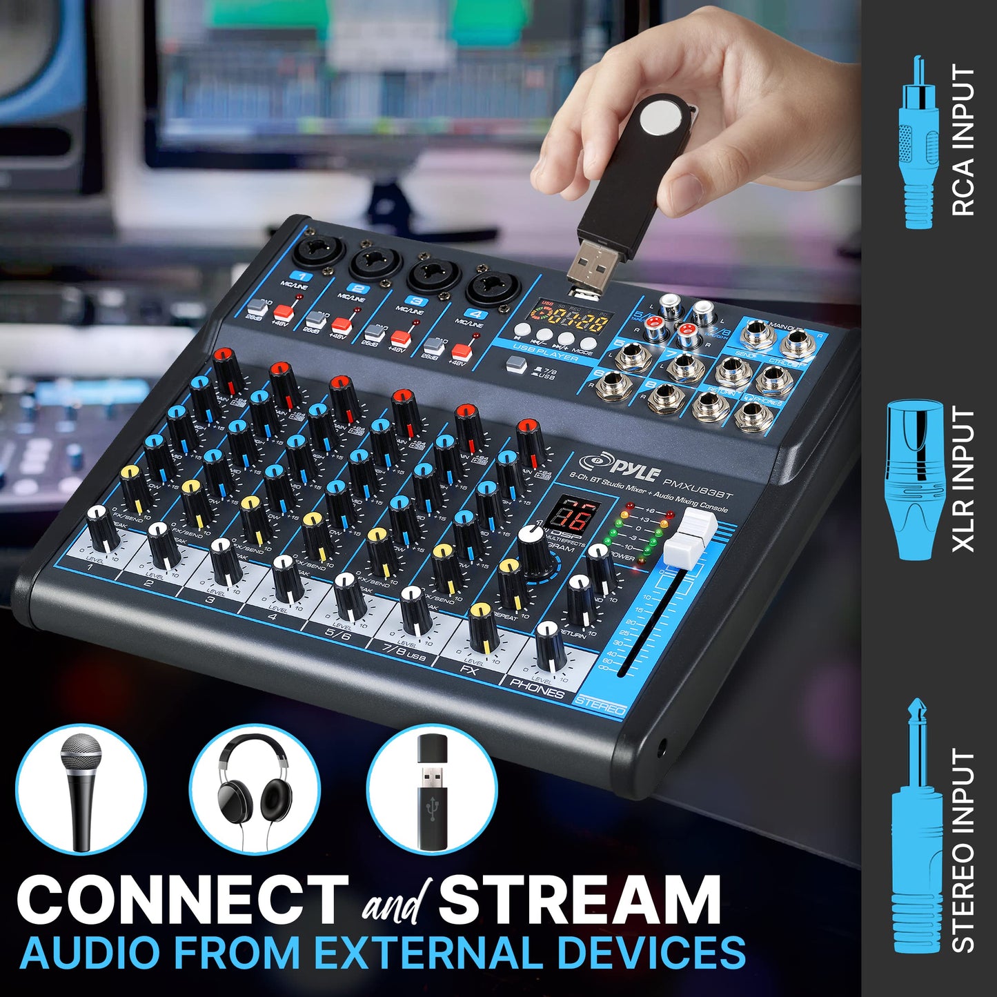 Pyle 8 Channel Bluetooth Studio Mixer - USB Computer Recording, Built-In MP3 Player, 48V Phantom Power, 16-Bit DSP FX, 3-Band EQ, XLR Combo Inputs, DJ Sound Board - PMXU83BT.5