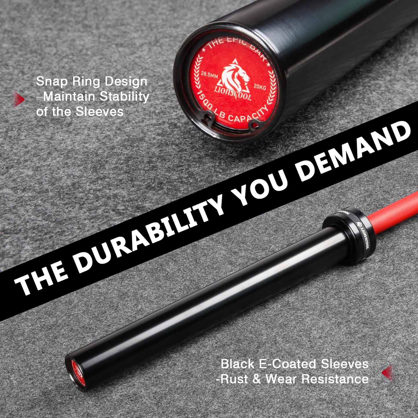 LIONSCOOL 7ft Olympic Barbell (Red Ceramic Shaft & Black E-coated Sleeves, 1500LBS, No Center Knurl)