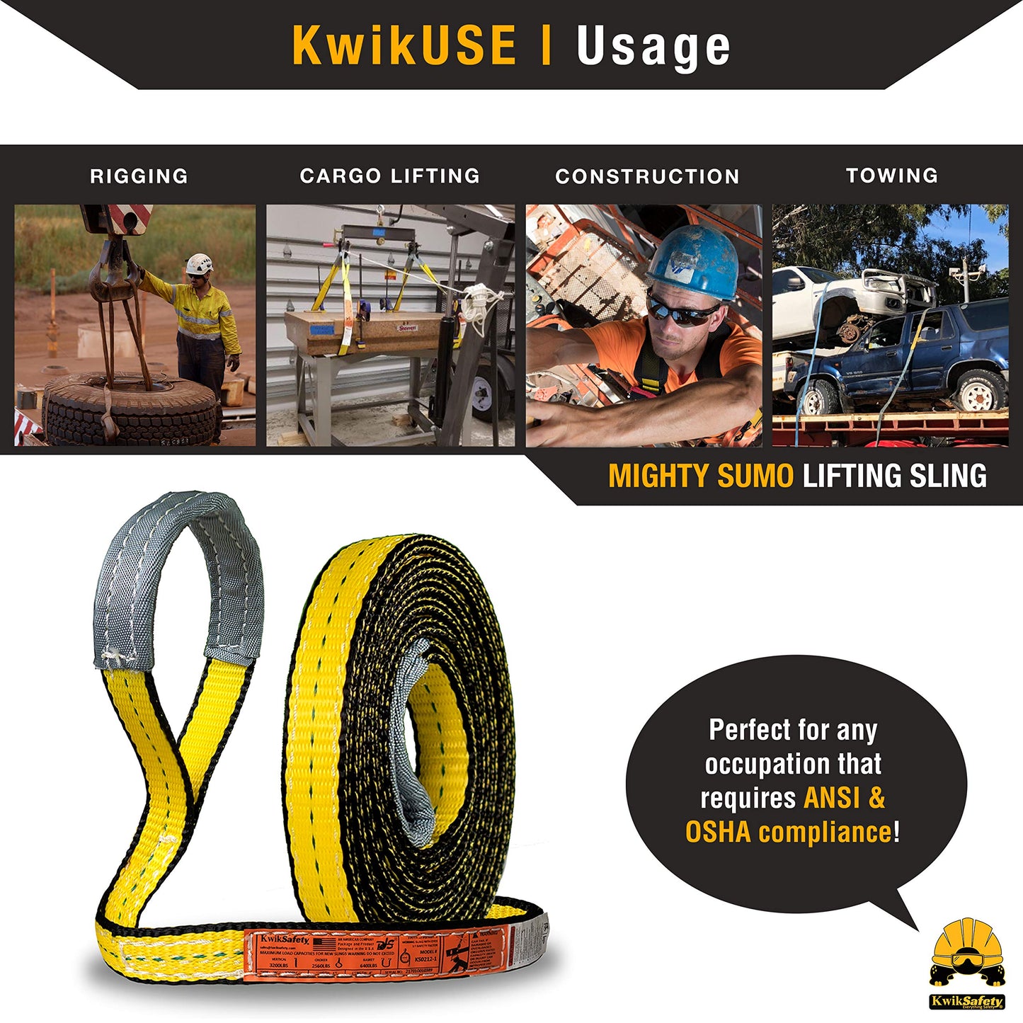 KwikSafety - Charlotte, NC - Mighty Sumo 1”x 10’ Poly Web Sling Lifting Strap Construction ASME OSHA / 3200lbs Vertical 2550lbs Choker 6400lbs Basket/Rigging Moving Towing Hoisting Gear