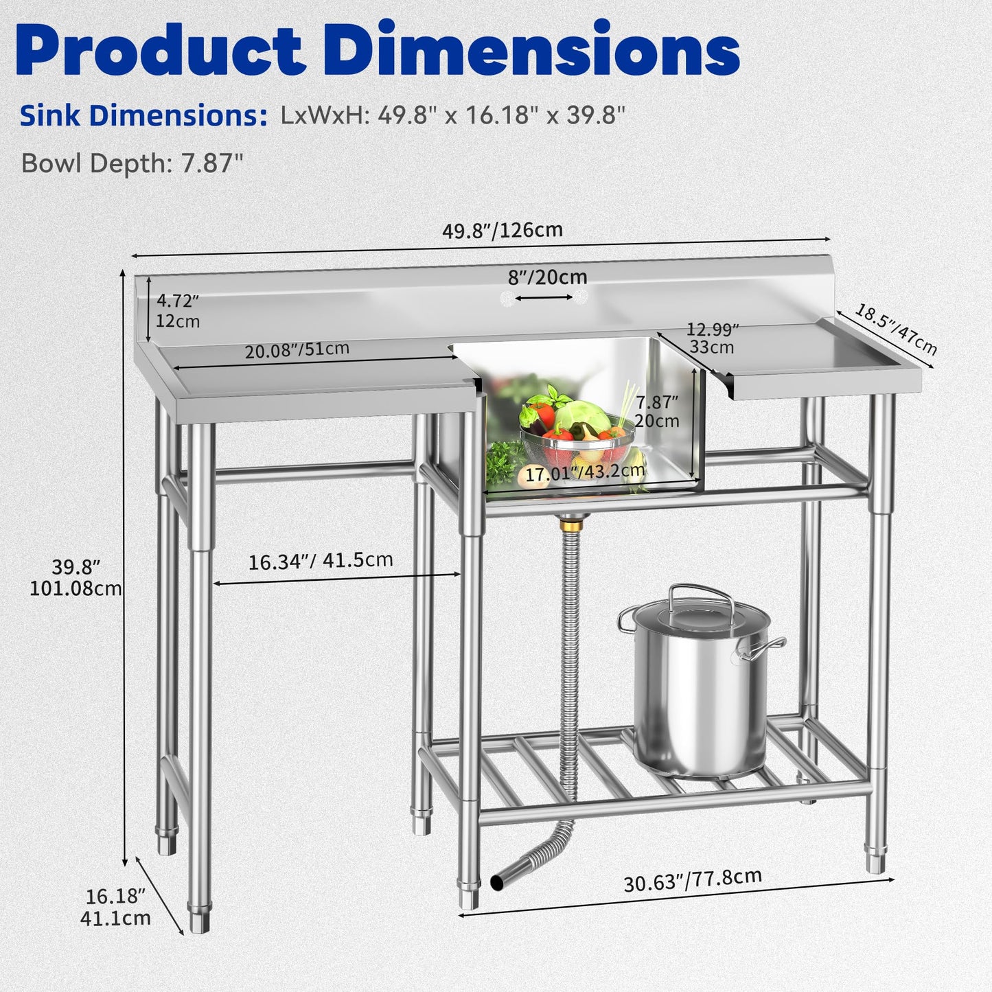 DWVO Stainless Steel Utility Sink with Cart Storage Space and Drainboards, 50in Free Standing NSF Commercial Prep Sink W/Storage Shelf for Restaurant, Laundry, Garage,Outdoor