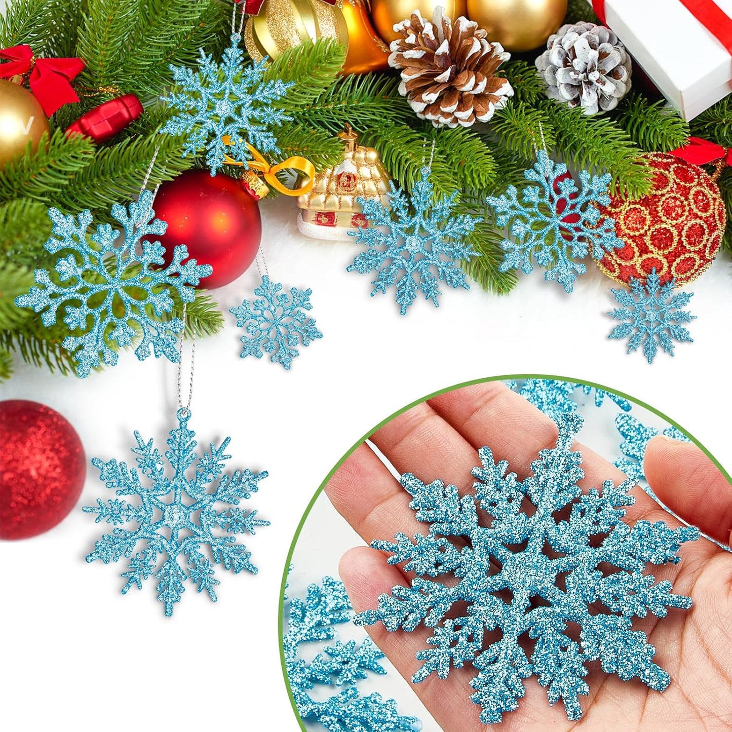 Skiennix 36-Pack Blue Snowflake Ornaments - Glittery Plastic Decorations for Indoor Winter Wonderland