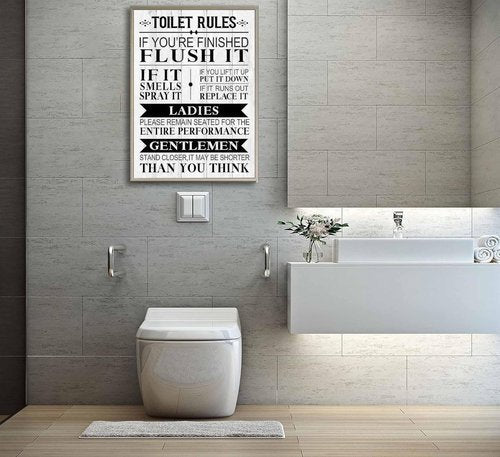 Funny Toilet Rules Quotes Canvas Wall Art - Black & White Humor for Eclectic Bathroom Decor