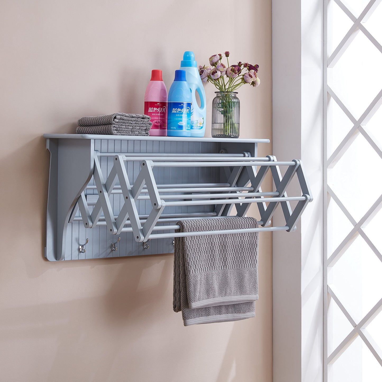 Danya B. Wall Mount Retractable Accordion Drying Rack–Great for Bathroom or Laundry Room –Light Gray