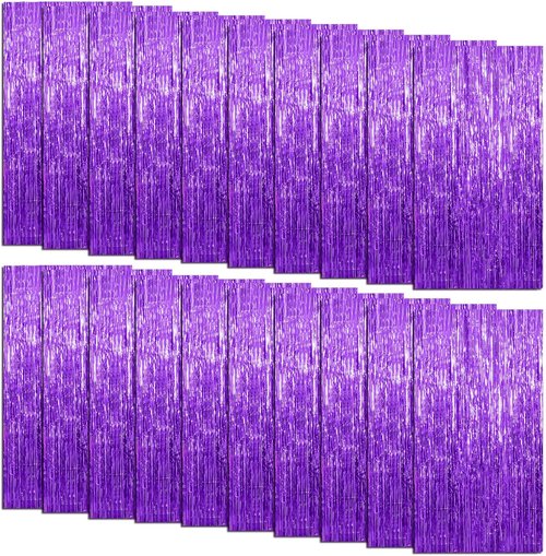 Foil Curtain Backdrop - 20 Pack Purple Metallic Tinsel Fringe Curtains for Parties & Events