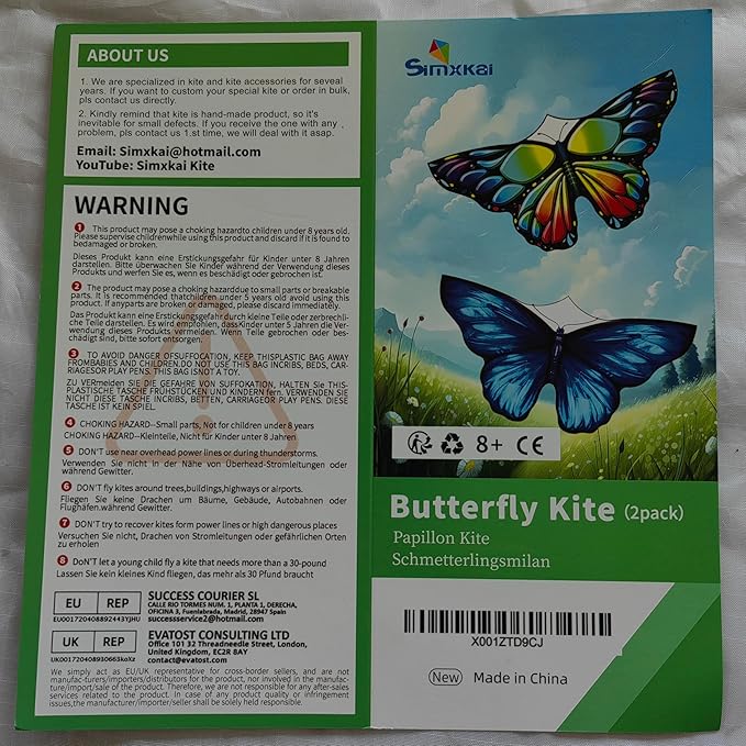 Simxkai Butterfly Kite for Kids & Adults, Easy to Fly Blue Big Kite for Beginners, Line Handle Included (1Pack 2Pack)