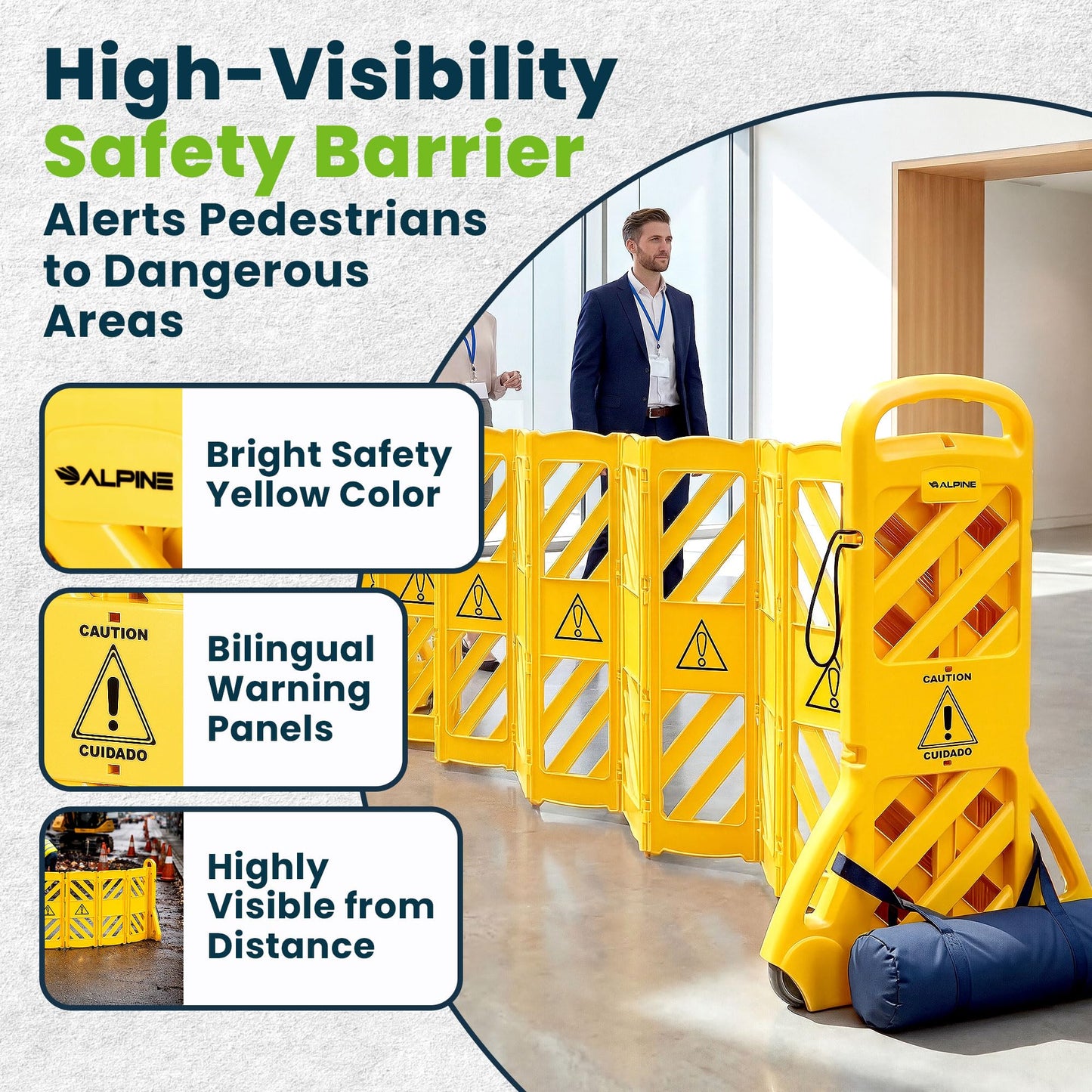 Alpine Commercial Safety Barriers, 13 Foot Expandable Mobile Barricade System - Folding Portable Barrier, Yellow, Plastic, for Construction, Driveway Gate