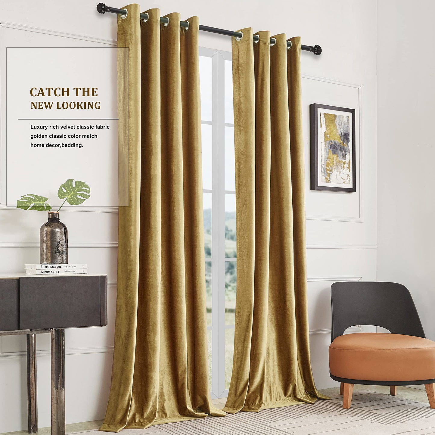 BULBUL Velvet Gold Curtains 120 inch Length- Living Room Blackout Thermal Window Drapes Darkening Decor Grommet Curtains for Bedroom Set of 2 Panels