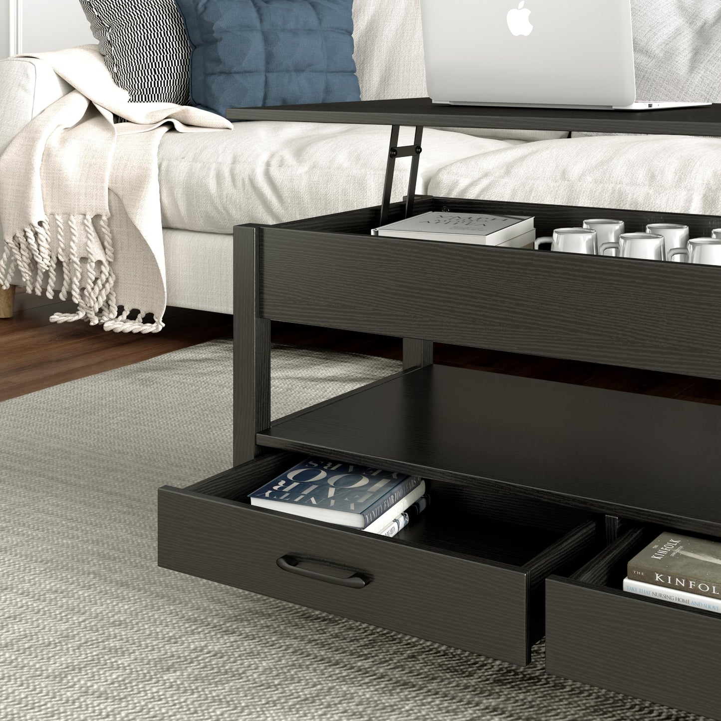 Panana Coffee Table, Lift Top Coffee Table with Hidden Compartment, 2 Drawers and 1 Open Shelf, Retro Central Wooden Table Lift Tabletop for Living Room (Black)