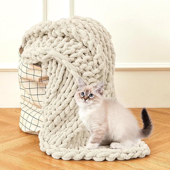 Admitrack Chunky Knit Blanket Throw, 100% Hand Knit Chenille Throw Blanket for Sofa & Home Decor, Soft and Cozy Knitted Throw Blankets (Ivory, 60"x80")