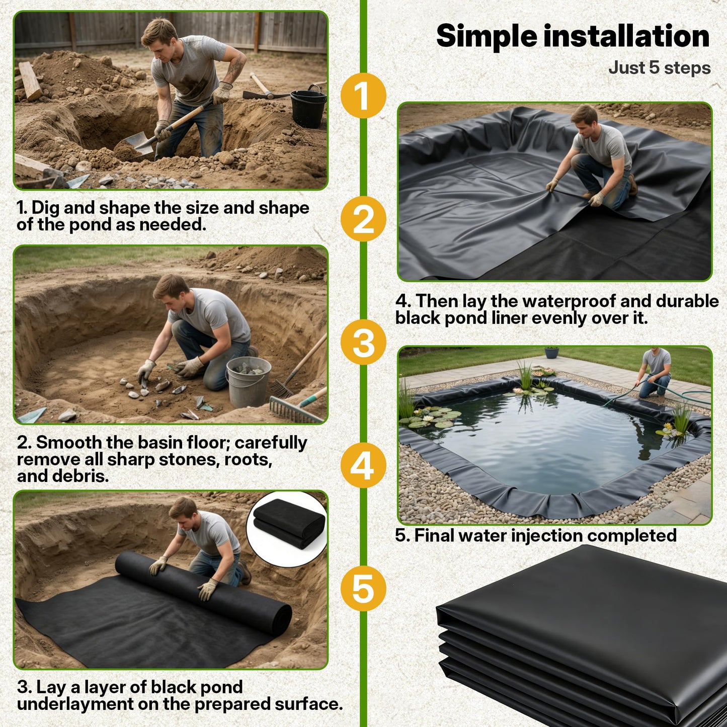 Chonway Heavy Duty Pond Liner Underlayment Combo - 10 X 15ft Non Woven Geotextile Fabric & 20 mil Pond Liners for Outdoor Ponds, Fish/Koi/Garden/Lifeguard Pond Liner