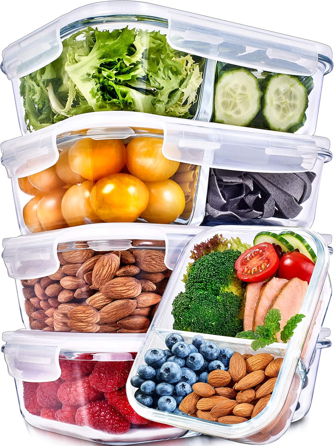 Prep Naturals Glass Meal Prep Containers - Airtight 36oz Food Storage Bowls | Dishwasher & Microwave Safe - Set of 5, Clear