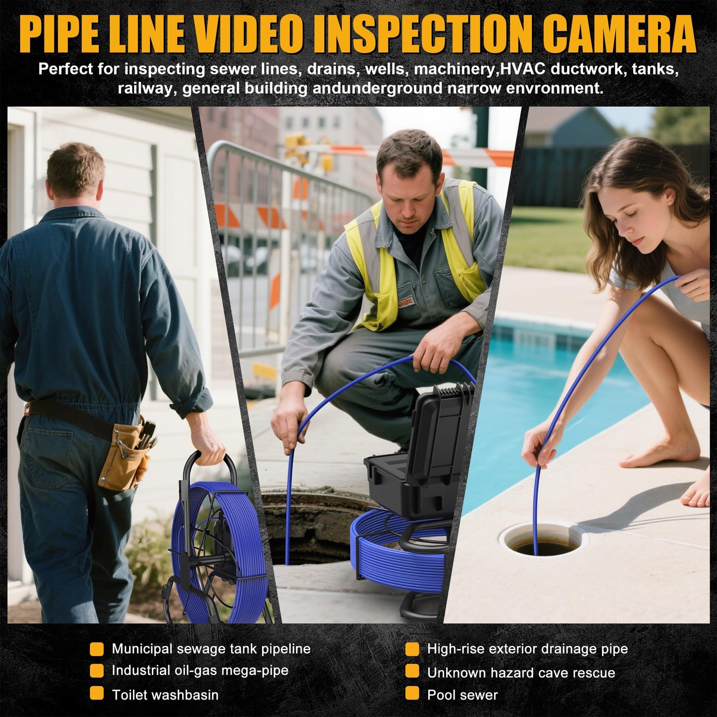 Sewer Camera 100ft, Self Leveling Drain Camera with Meter Counter, 7mm Thick Cable, 9" HD Screen 1080P Plumbing Cameras Snake with Light, 5100mAh Battery Duct Pipe Video Inspection Cam DVR 32GB