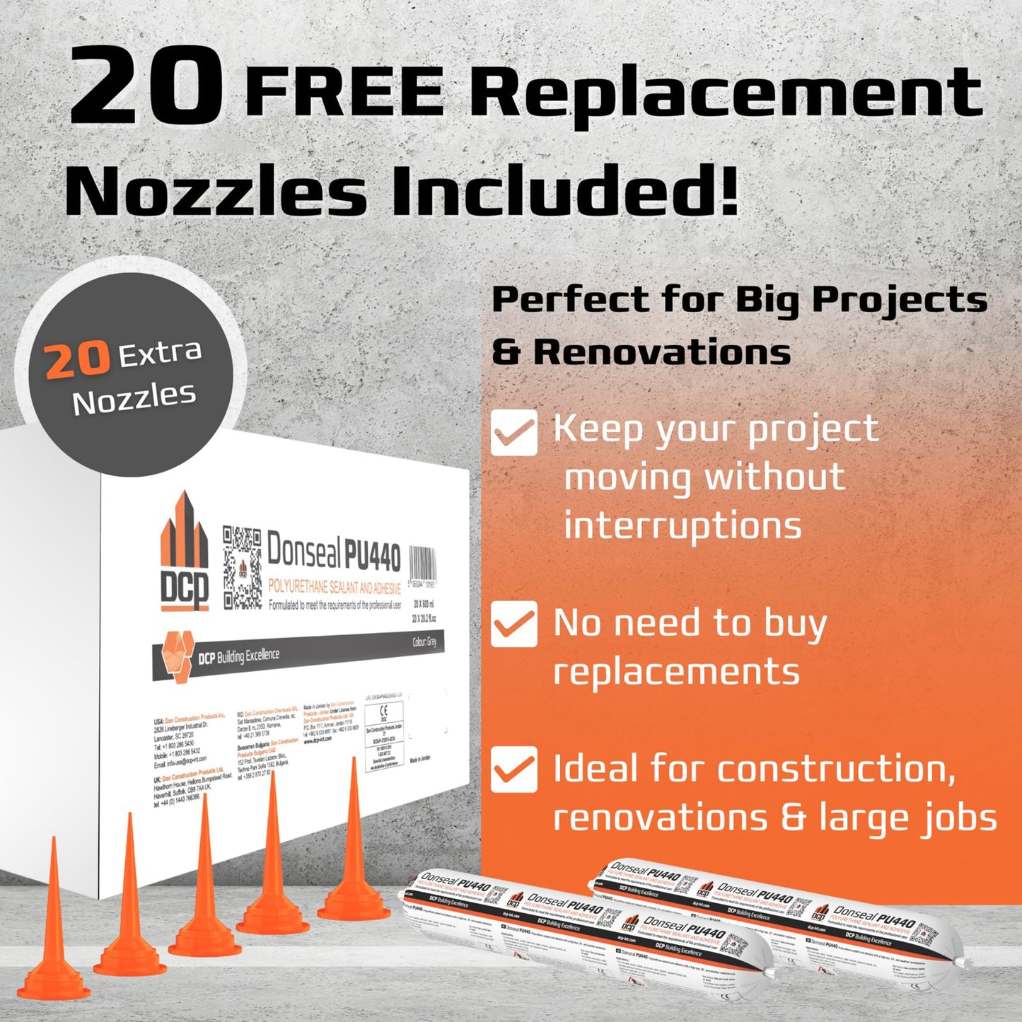 DCP Donseal PU440 Polyurethane Sealant for Concrete, Sidewalk 20 Pack with 20 Nozzles – Expansion Joint Filler, Non-Sag Caulk for Foundation, Walls, Sausage, 20.2 fl oz – Grey, Box of 20
