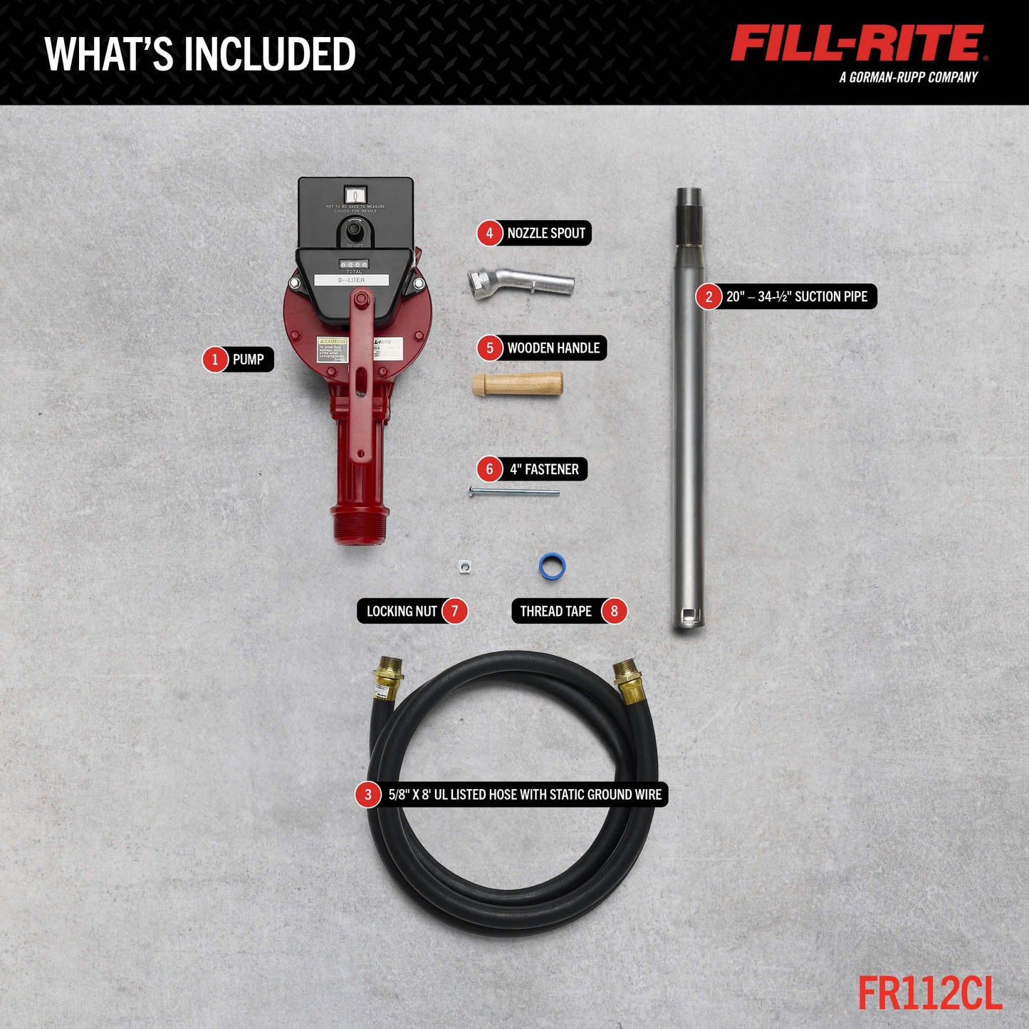Fill-Rite FR112C Fuel Transfer Rotary Hand Pump w/Gallon Counter, Discharge Hose, Nozzle Spout, & Suction Pipe