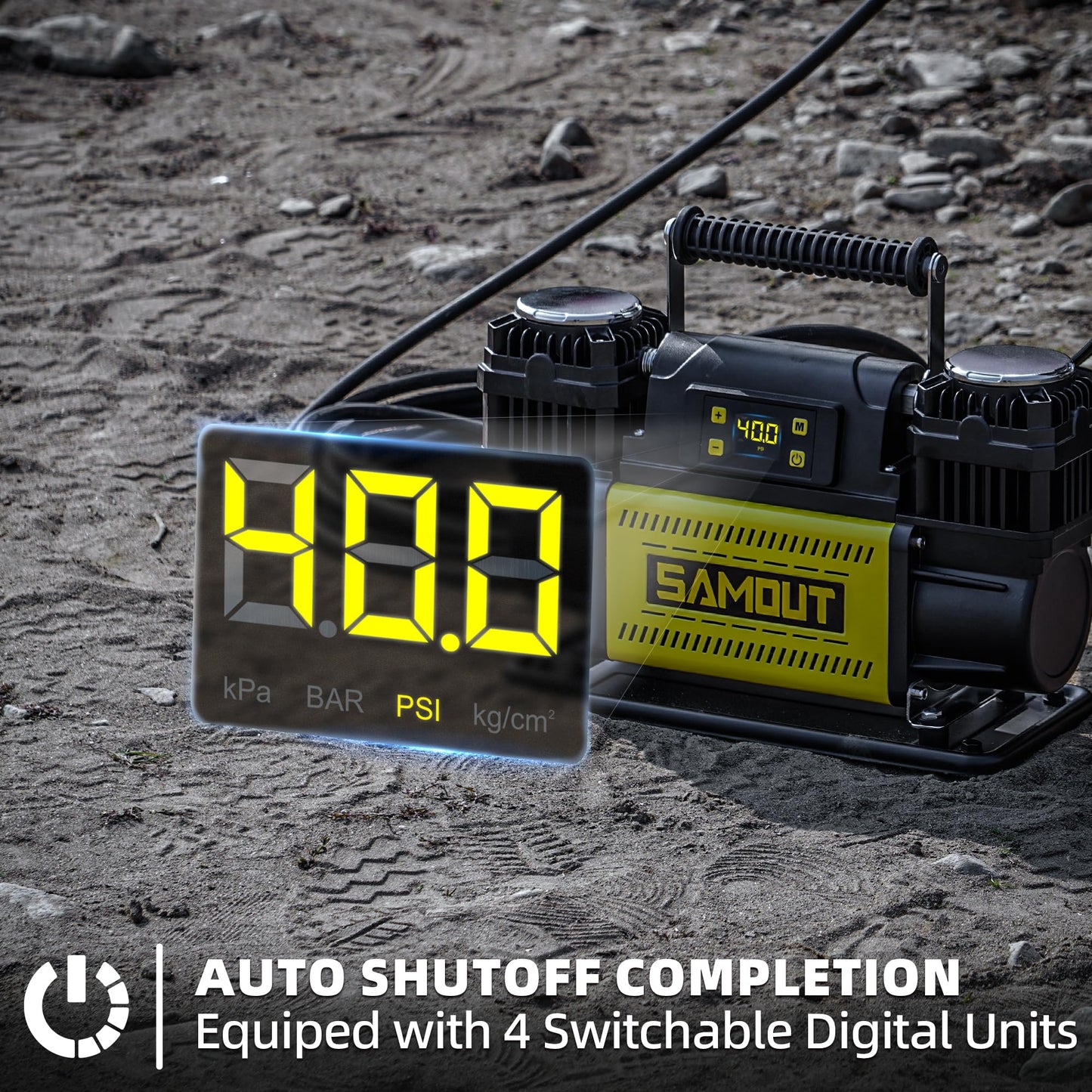 SAMOUT 12V Digital Air Compressor, Offroad Portable Inflator 12.3 CFM, Air Pump Max 150PSI for Heavy-Duty Tires, with LCD Control Panel to Preset Target Pressure, 4x4 Vehicle, SUV, RV
