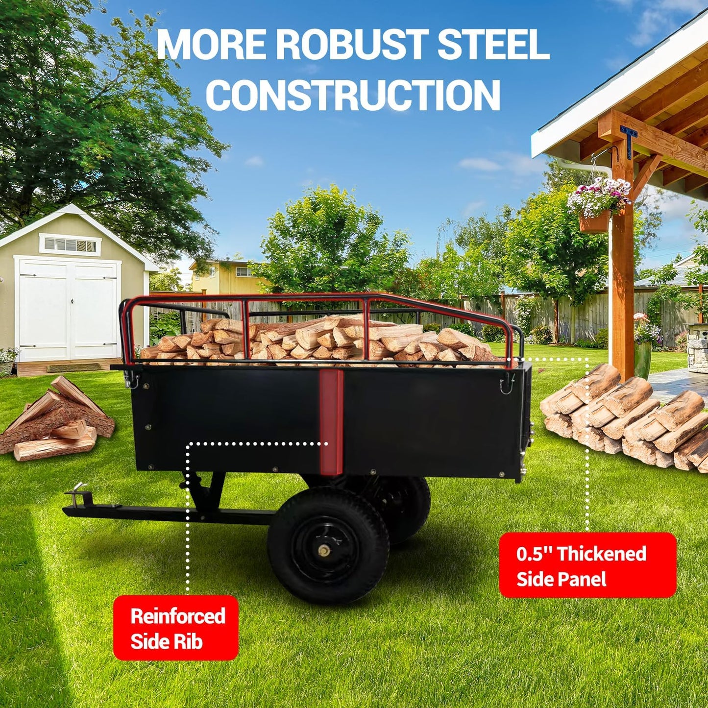 Garvee 750 LBS Garden Cart, 15 cu ft Heavy Duty Steel Dump Cart ATV Trailer with Removable Sides, Hand Pull or Foot Pedal Utility Trailer for ATV, UTV, Lawn Mowers and Tractors
